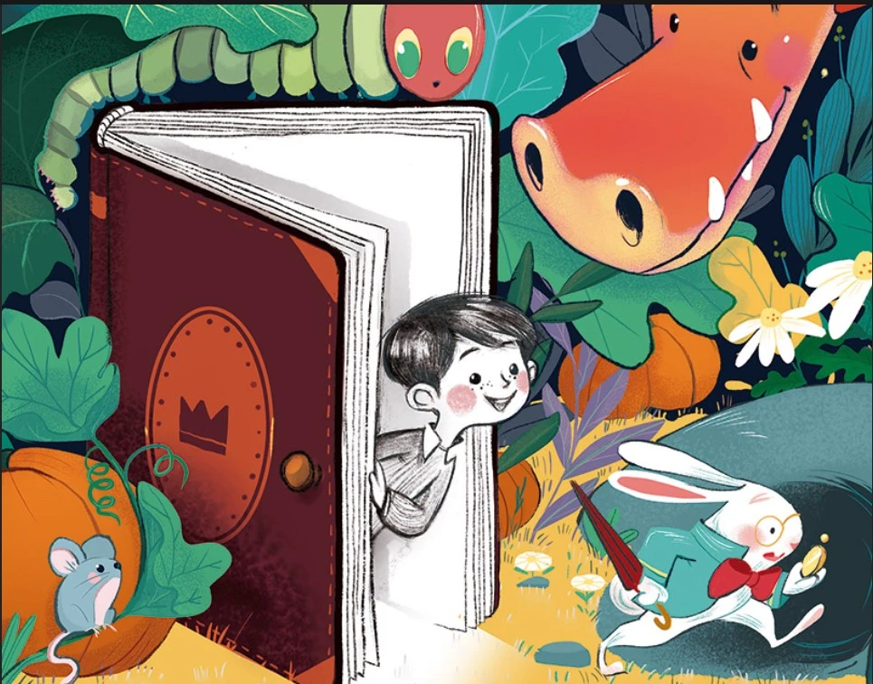 A child peeks from a giant book set in a whimsical garden with a curious rabbit, a small mouse, and a friendly caterpillar. Bright, playful atmosphere