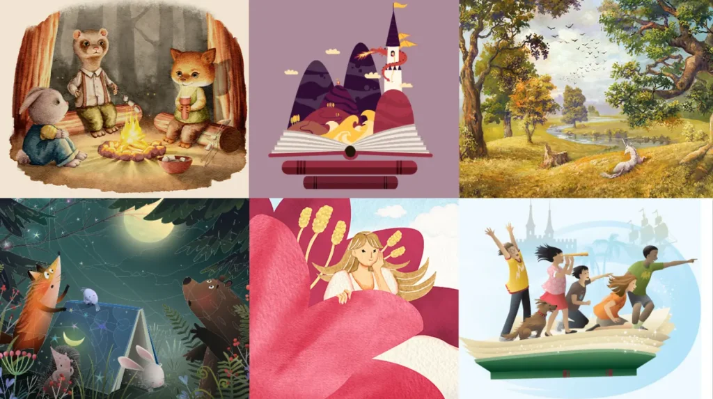 A grid of six vibrant illustrations animals around a campfire, a magical book with a moving boat