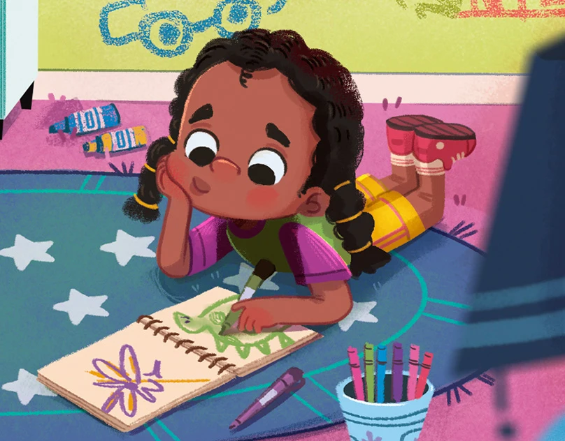 A young girl lies on a star-patterned rug, drawing in a sketchbook with colored pencils. She looks relaxed and thoughtful, creating vibrant art