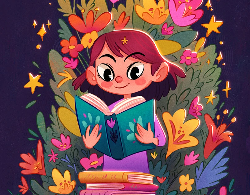 Illustration of a child joyfully reading a book, surrounded by colorful flowers and glowing stars, conveying a sense of wonder and imagination