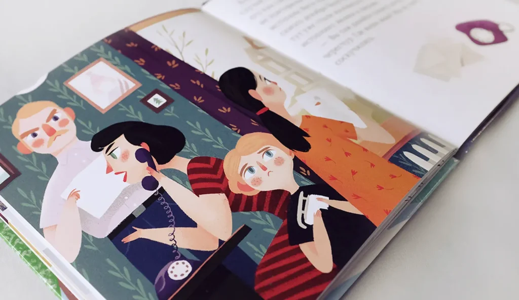 Illustration of a contemplative family in a living room with floral wallpaper. Four people are shown, some reading and one speaking on a rotary phone