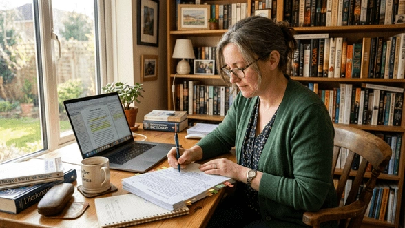 Woman writing notes with laptop in home office
