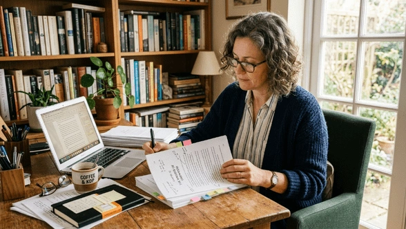 Editor reviewing printed manuscript at desk