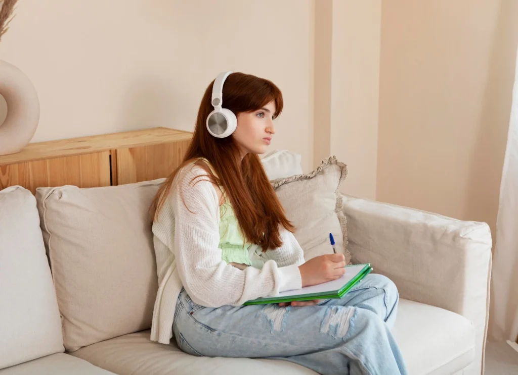 girl with headphones sits on a beige sofa, holding a pen and notebook, appearing thoughtful